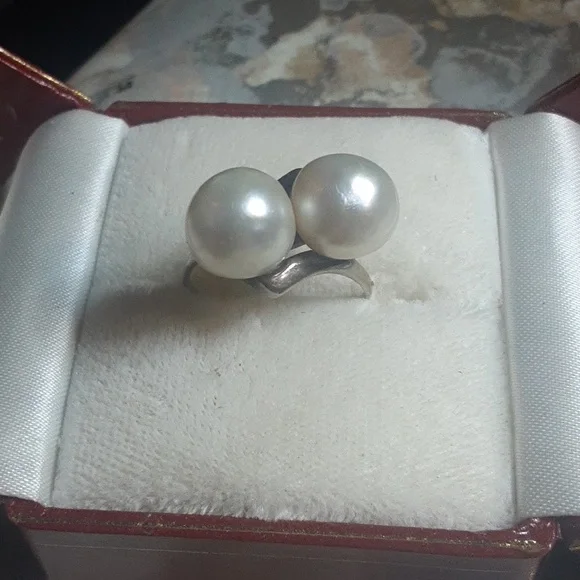 Vintage Genuine South Sea PEARL Bypass Sterling Silver Ring Sz 7. 75